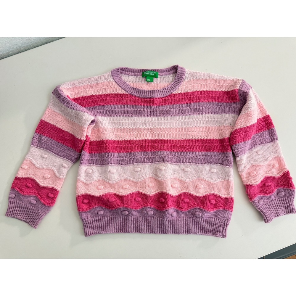 United Colors of Benetton Girls Pink Purple Striped Bobble Knit Sweater Size 4-5
